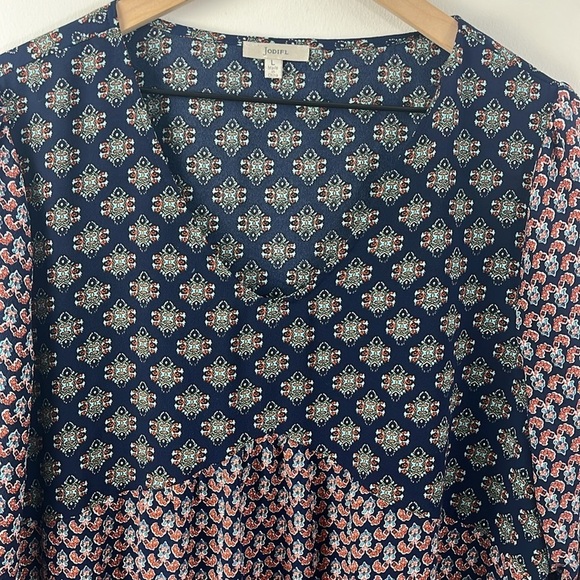 Jodifl Mixed Print Boho Long Puff Sleeve Tunic Dress Top Womens Size L - Picture 6 of 10